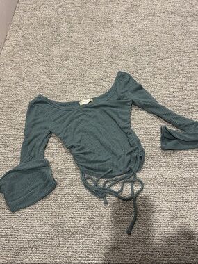 Altar'd State Teal Ribbed Off-Shoulder Tie Waist Top
